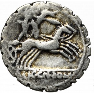 Roman Republic, Gaius Publicius Malleolus- Lucius Licinius Crasii- Gneius Domitius Ahenobarbi, Denarius serratus