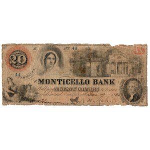 USA, 20 dolarów 1860 Virginia - The Monticello Bank in Charlottensville