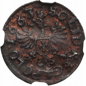 Jan II Kazimír, korunový šilink 1663, Ujazdów - NGC UNC Podrobnosti