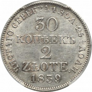 Ruské dělení, Mikuláš I., 30 kopějek=2 zlaté 1839/8 MW - datum punč, PCGS AU58