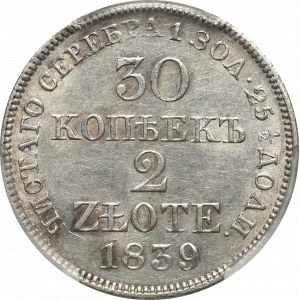 Zabór rosyjski, Mikołaj I, 30 kopiejek=2 złote 1839/8 MW - przebitka daty, PCGS AU58