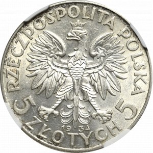 II Rzeczpospolita, 5 złotych 1934 Głowa kobiety - NGC AU58