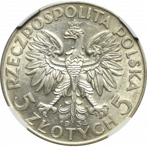 II Rzeczpospolita, 5 złotych 1934 Głowa kobiety - NGC AU55