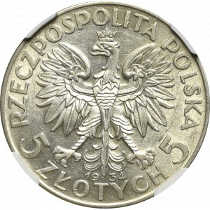 Druhá polská republika, 5 zlotých 1934 Hlava ženy - NGC AU55