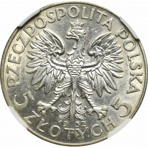 II Rzeczpospolita, 5 złotych 1932 BZM Głowa kobiety - NGC AU53