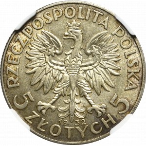 II Rzeczpospolita, 5 złotych 1932 BZM Głowa kobiety - NGC AU58