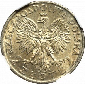 Druhá poľská republika, 2 zloté 1934 Hlava ženy - NGC AU58