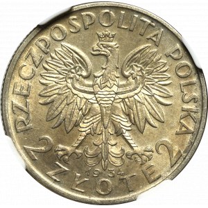 II Republic of Poland, 2 zlote 1934, Women's Head - NGC AU58