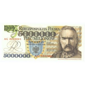 III RP, 5 milionů 1995 AG - Senzační nízké číslo 0000003 ! replika