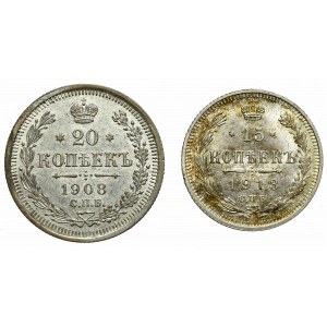 Rosja, Mikołaj II, zestaw 20 kopiejek 1908 i 15 kopiejek 1913
