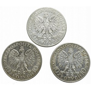 II Rzeczpospolita, Zestaw 10 złotych 1932 i 1933 Głowa kobiety - 3 egzemplarze