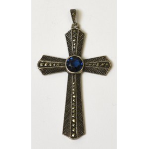 Sterling silver cross with marcasites and synthetic sapphire