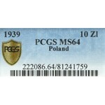 II Rzeczpospolita, 10 złotych 1939 Piłsudski - PCGS MS64