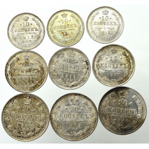 Russia, Nicholas II, Lot of 10, 15 and 20 kopecks 1913-1915 (9 pcs)