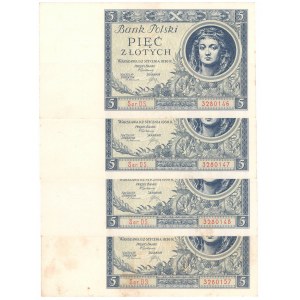 II RP, 5 złotych 1930 DS - zestaw 4 egzemplarzy, kolejne numery