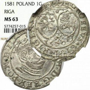 Stefan Batory, Pfennig 1581, Riga - zwei Schilde - RARE - NGC MS63 (MAX)