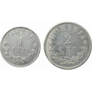 Romania, Lot of 1 leu 1873 and 2 lei 1875