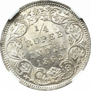 Indie Brytyjskie, 1/4 rupii 1862 - NGC UNC Details