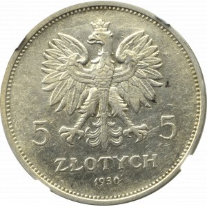 II Rzeczpospolita, 5 złotych 1930 Sztandar - HYBRYDA awers GŁĘBOKI SZTANDAR NGC AU Details
