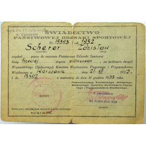II RP, Urkunde des Staatlichen Sportabzeichens Klasse III zum 1. Mal Warschau 1932