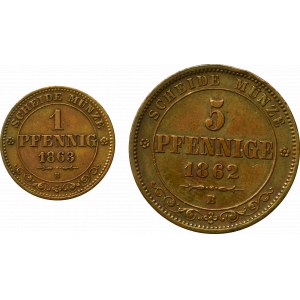 Germany, Saxony, Lof ot 1 pfennig 1863 and 5 pfennig 1862