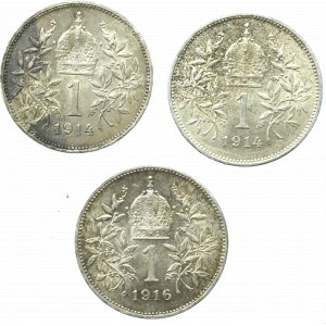 Austria, zestaw 1 korona 1914-1916 (3 egzemplarze)