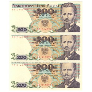 PRL, 200 złotych 1988 - zestaw 3 egzemplarze EB