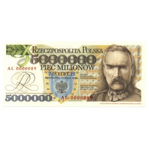 III RP, 5 mln 1995 AL - bardzo niski numer 0000089 ! replika