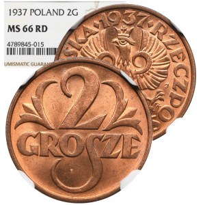 II Republic of Poland, 2 groschen 1937 - NGC MS66 RD