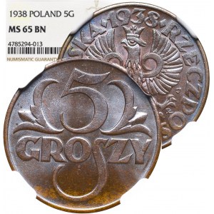 II Rzeczpospolita, 5 groszy 1938 - NGC MS65 BN