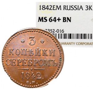 Rosja, Mikołaj I, 3 kopiejki srebrem 1842 - NGC MS64+ BN