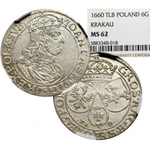 Jan II Kazimierz, Szóstak 1660, Kraków - Tarcze lekko wygięte NGC MS62