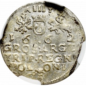 Jan II Kazimierz, Trojak 1662, Kraków - NGC MS64