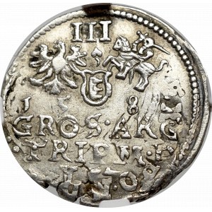 Stefan Batory, Trojak 1581, Wilno - rzadkość listek między herbami NGC AU58