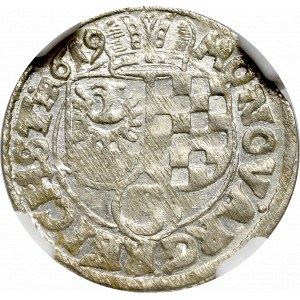 Śląsk, Księstwo legnicko-brzeskie, Jan Chrystian i Jerzy Rudolf, 3 krajcary 1619, Złoty Stok - NGC MS64