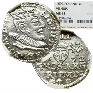 Zygmunt III Waza, Trojak 1592, Wilno - NGC MS63