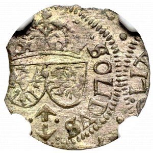 Zygmunt III Waza, Szeląg 1615, Wilno - bez P w legendzie NGC MS61