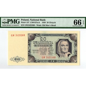 PRL, 20 Zloty 1948 GW - PMG 66EPQ