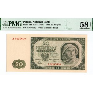 PRL, 50 złotych 1948 A numeracja siedmiocyfrowa ! - PMG 58