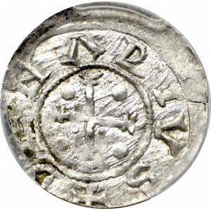 Bolesław III Krzywousty, Denar, Książę na tronie - PCGS MS63