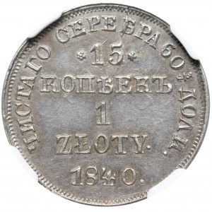 Zabór rosyjski, Mikołaj I, 15 kopiejek=1 złoty 1840 - NGC MS61