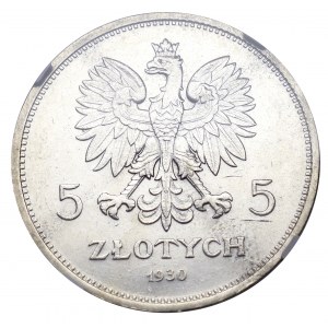 II Rzeczpospolita, 5 złotych 1930 Sztandar - NIEOPISANY UNIKAT NGC MS62