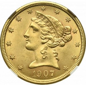 USA, 5 dolarów 1907 Filadelfia - NGC MS62