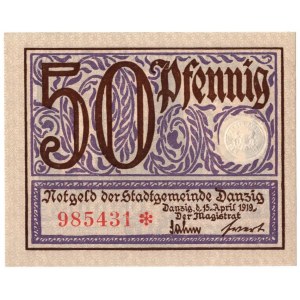 Gdańsk, 50 feningów 1919 fioletowy