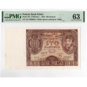 II RP, 100 złotych 1934 AX. dodatkowy znak wodny kreski - PMG 63