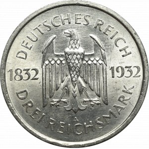 Germany, 3 mark 1932 D Goethe, Rare - Double Die