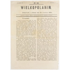 Czasopismo WIELKOPOLANIN numer 52 z dnia 29 czerwca 1850r.
