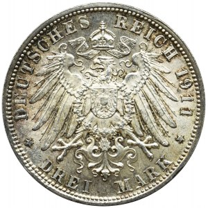 Niemcy, Bawaria, Regent Luitpold, 3 marki Monachium 1911 D - PIĘKNE