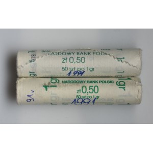 2 x Rulon bankowy, 1 grosz 1991 (100 szt.)