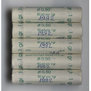 5 x Rulon bankowy, 1 grosz 1992 (250 szt.)